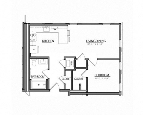 Floor plan for 1 bed, 1 bath, 637 sqft